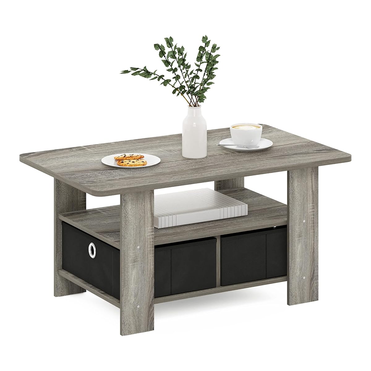 Andrey Coffee Table with Bin Drawer, French Oak Grey/Black | 2x Bin Drawers, Soft-Corner, Rectangular Side Table for Living Room, Bedroom, Home Office