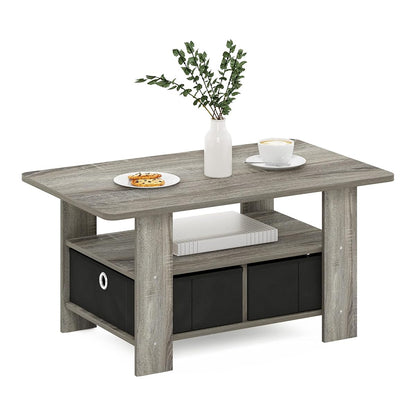 Andrey Coffee Table with Bin Drawer, French Oak Grey/Black | 2x Bin Drawers, Soft-Corner, Rectangular Side Table for Living Room, Bedroom, Home Office