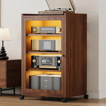 Media Cabinet with LED Lights and Glass Door, Metal Stereo Cabinet Brown