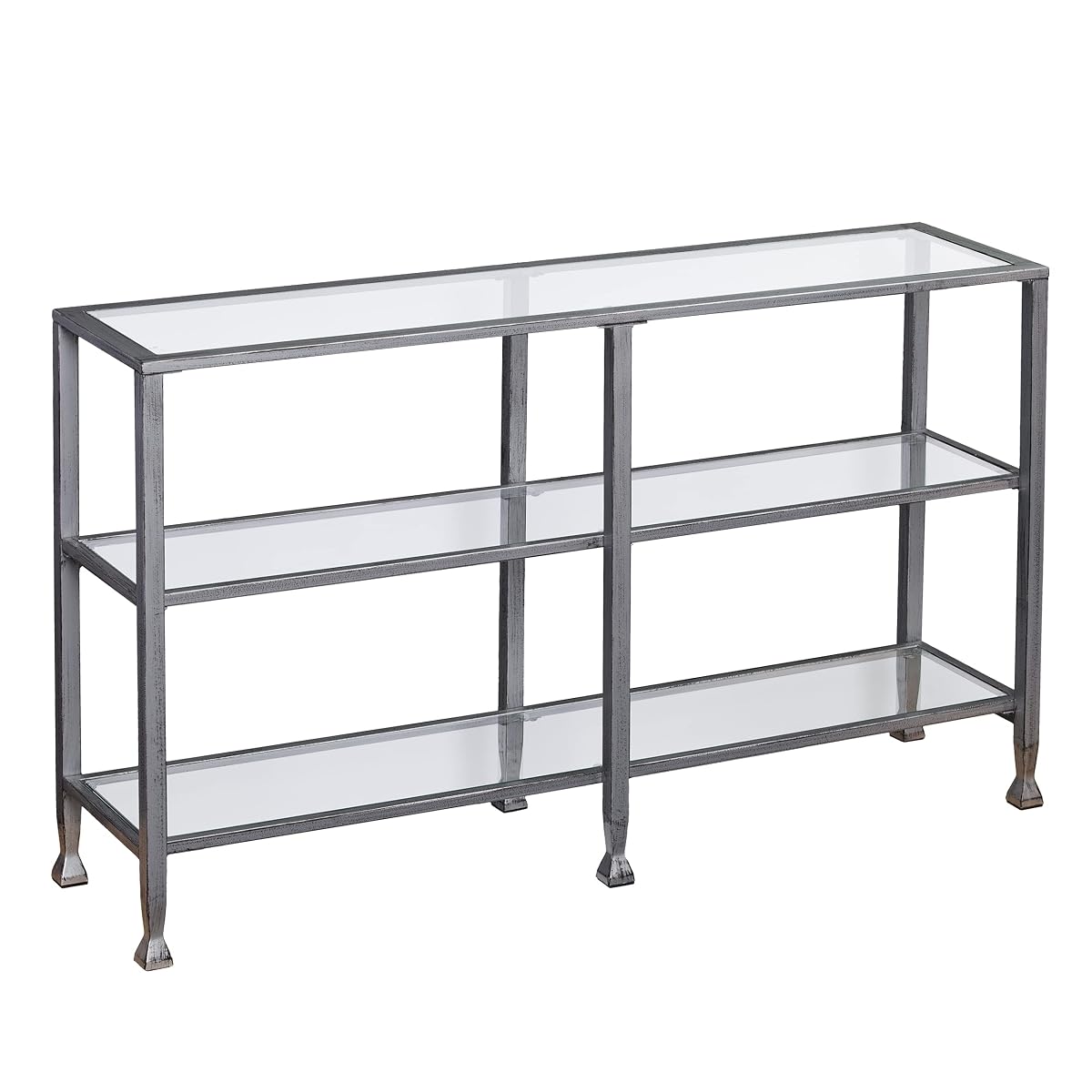 Jaymes 3 Tier Glass Console Media Table, Silver Frame Finish, distressed silver (AMZ1770MC)