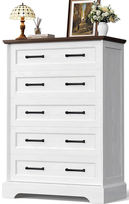 Tall Dresser for Bedroom,Farmhouse 5 Drawers Dresser, Chest of Drawer Chest, Multi-Tier Clothing Storage Cabinet, White and Brown