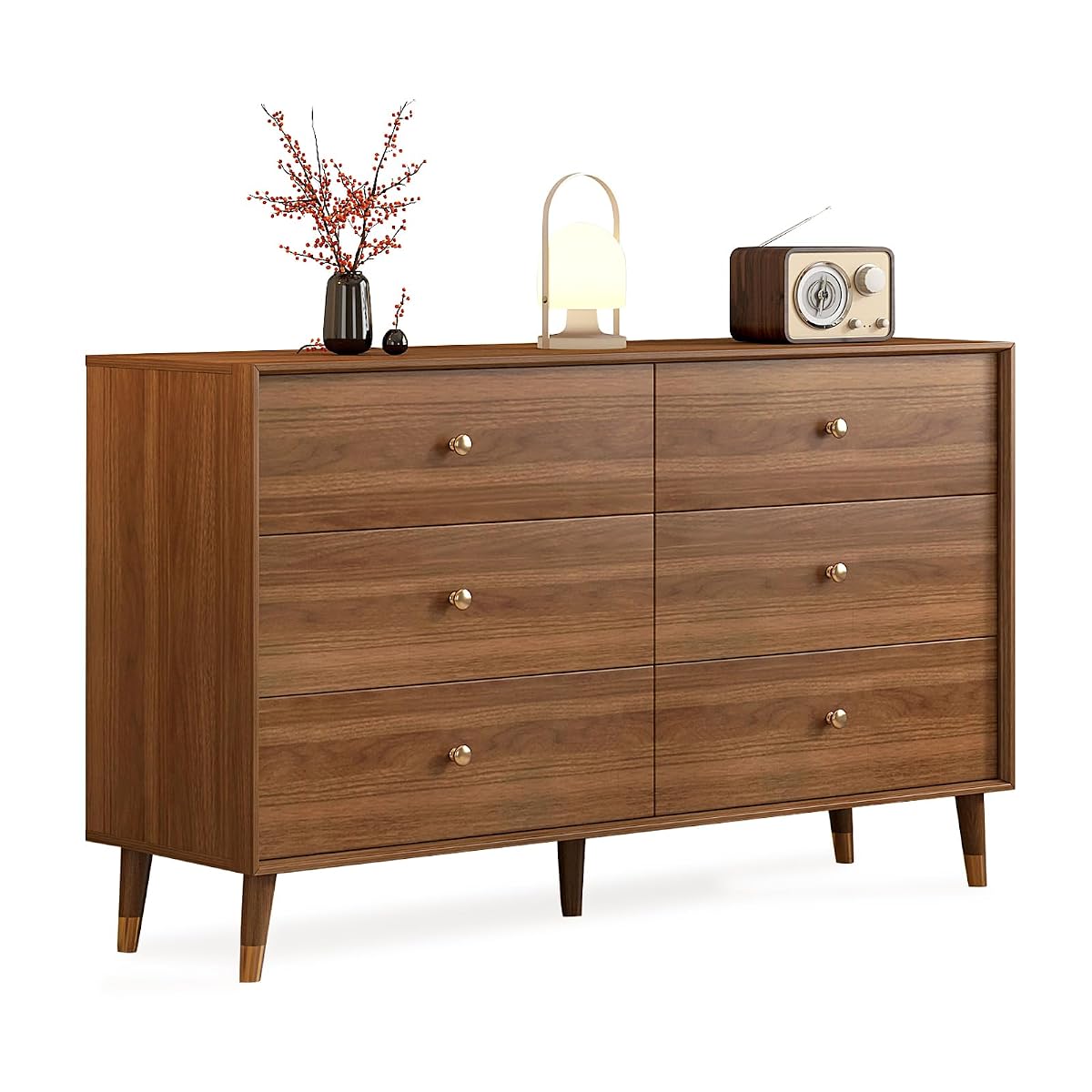 Mid Century Modern 6-Drawer Dresser, 47.2" Solid Wood Frame Chest, Walnut