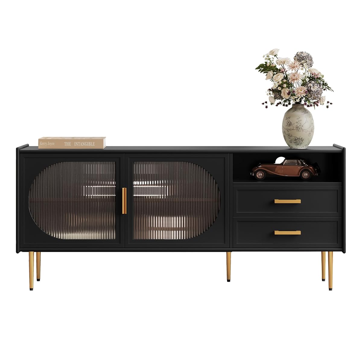 Modern 60” TV Stand for 55/60/65 inches TVs, Glass Door TV Console Table with Drawers, Entertainment Center with Storage, Black Television Stands, Wood Media TV Cabinet, Living Room
