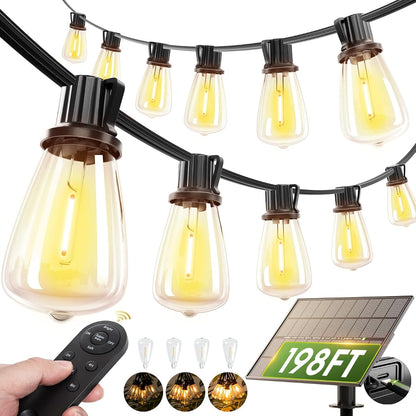 198FT Extra Long Solar Powered String Lights Outdoor Waterproof, Shatterproof 60+4 LED Bulbs, Patio Hanging Lights with Remote, Dimmable Timer for Large Backyard Garden Wedding Party Camping