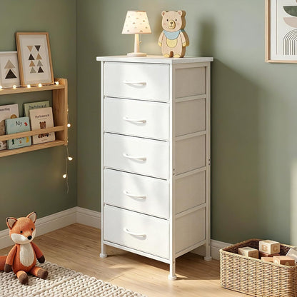 Tall Skinny Dresser with 5 Fabric Drawers, Narrow Dresser, White, 33.8in height