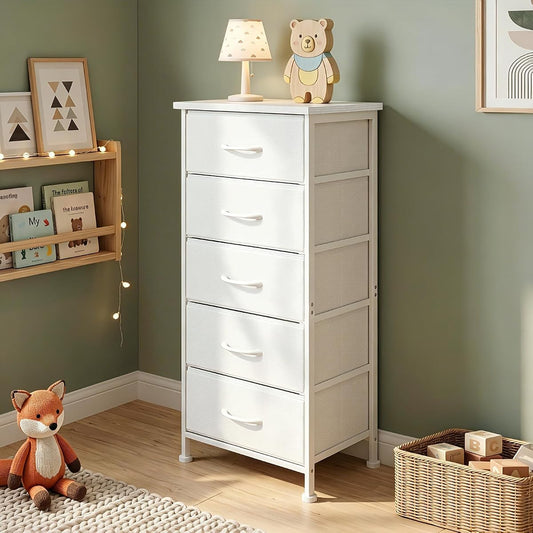 Tall Skinny Dresser with 5 Fabric Drawers, Narrow Dresser, White, 33.8in height