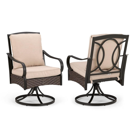 Patio Swivel Chairs Set of 2, Heavy Duty Outdoor Metal Wicker Dining Chair with Thickened Cushions, Large All Weather Wrought Iron Deck Chair Lawn Furniture Support 300lbs