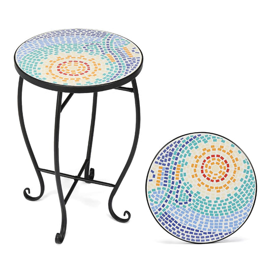 Blue mosaic round accent side table with cobalt glass top