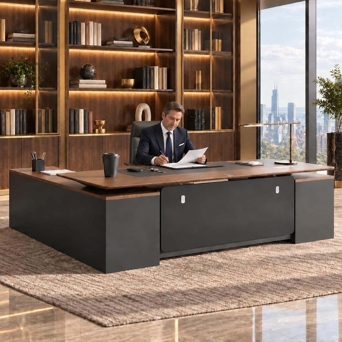 79" L Shaped Executive Desk with File Cabinet Drawers Outlet USB