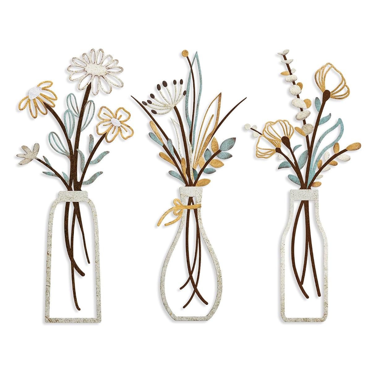 3 Pieces Metal Flowers Wall Art- Rustic Farmhouse Decor Minimalist Decor for Living Room Bathroom Bedroom Dining Room, Housewarming Gifts Christmas Decoration(Beige, Vase-C)