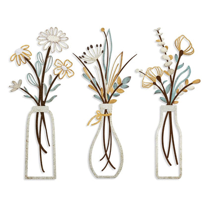 3 Pieces Metal Flowers Wall Art- Rustic Farmhouse Decor Minimalist Decor for Living Room Bathroom Bedroom Dining Room, Housewarming Gifts Christmas Decoration(Beige, Vase-C)