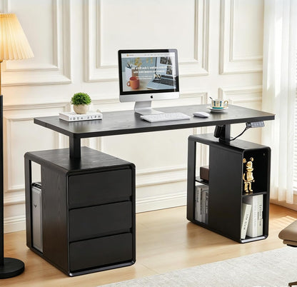 Farmhouse Electric Standing Desk, 55" Height Adjustable Computer Stand up Desk with 3 Drawers and Storage Shelf, Mid Century Modern Home Office Desk Wood Sit Stand Desks for Work, Study, Black