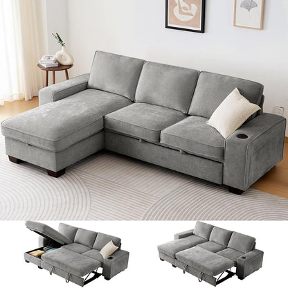 99" Convertible Sleeper Sofa Bed,L Shaped with Storage Chaise Pull Out Couch for Living Room,USB and Type-C,Removable Washable Chenille Covers (Gray)