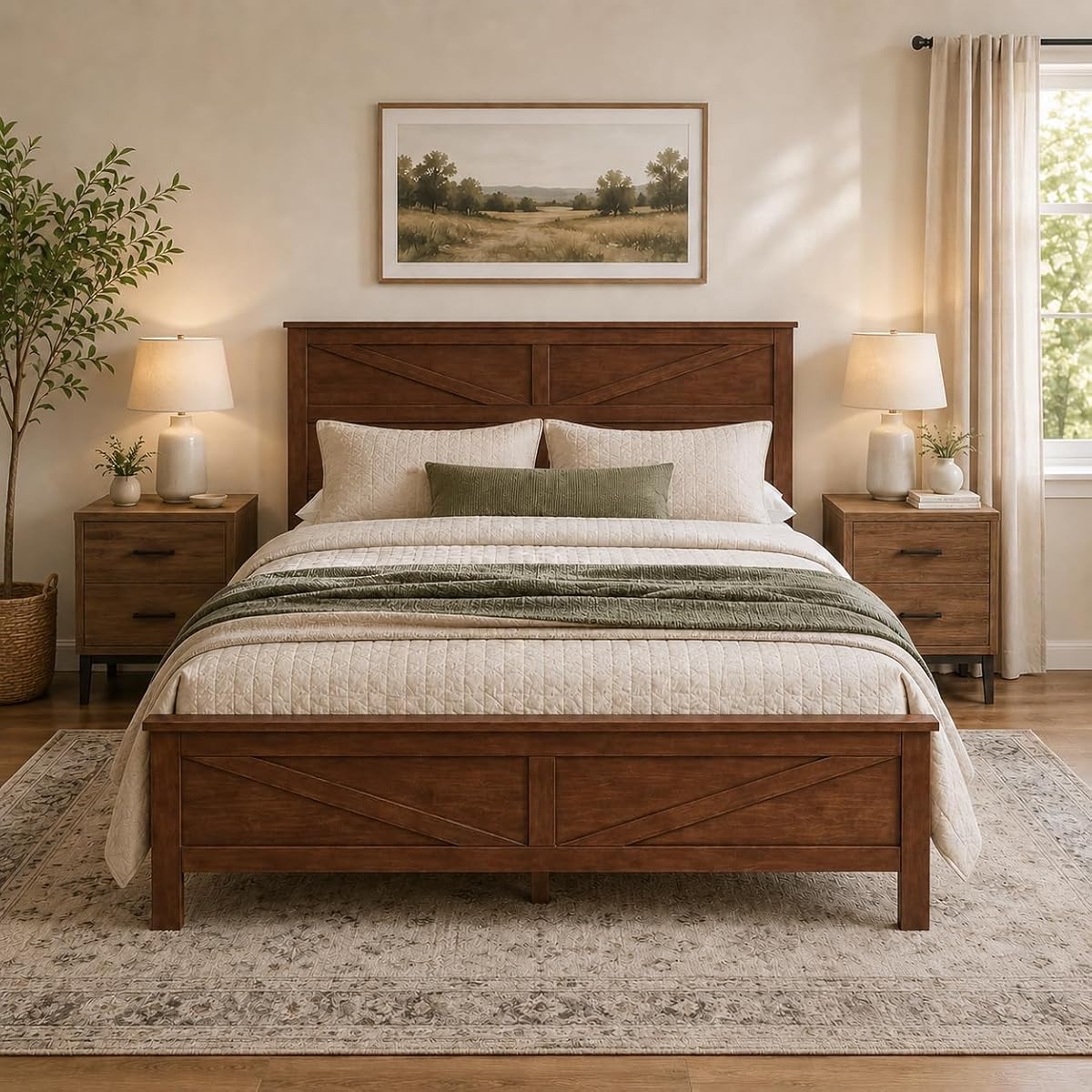 Queen Size Farmhouse Platform Bed Frame with Barn Door Headboard and Footboard