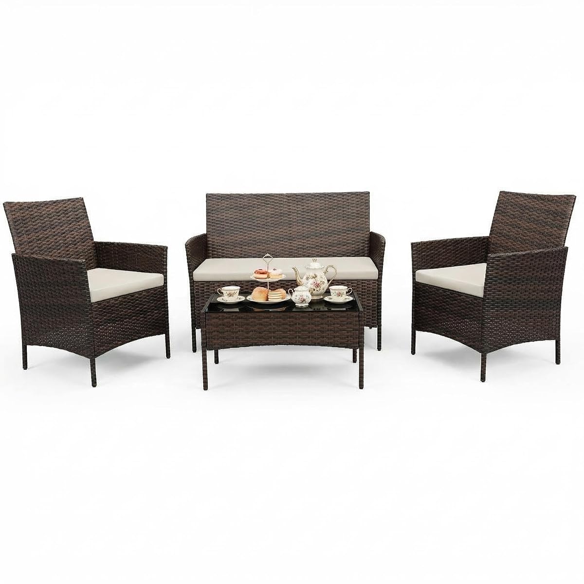 4 Piece Patio Furniture Set, Outdoor Deck Rattan Chair Wicker Combo Furniture, All Weather Dialogue Rattan Sofa with Upholstery and Glass Table for Garden, Backyard, Porch, Lawn, Pool, Brown+White