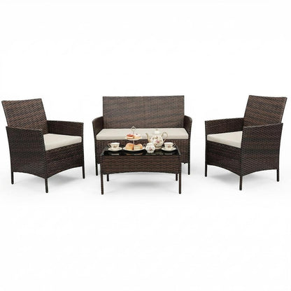 4 Piece Patio Furniture Set, Outdoor Deck Rattan Chair Wicker Combo Furniture, All Weather Dialogue Rattan Sofa with Upholstery and Glass Table for Garden, Backyard, Porch, Lawn, Pool, Brown+White