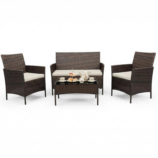 4 Piece Patio Furniture Set, Outdoor Deck Rattan Chair Wicker Combo Furniture, All Weather Dialogue Rattan Sofa with Upholstery and Glass Table for Garden, Backyard, Porch, Lawn, Pool, Brown+White