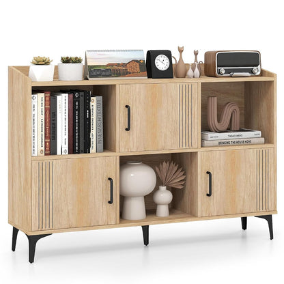 Storage Cabinet, Sideboard with 3 Doors, 3 Open Compartments, Bookcase with 5 Raised Metal Legs, Buffet Table, Bookshelf, Floor Cabinet for Living Room Display, Dining Room, Entryway, Oak