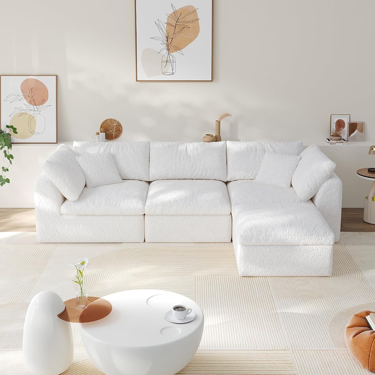 108" Boneless Cloud Couch Modular Sectional Sofa with Deep Seat for Living Room, L Shape Couch with Ottoman, Snowflake Fabric and 40D Memory Sponge，2 Throw Pillows (White, 3 Seater+1 Ottoman)