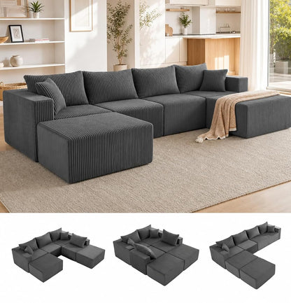 121''Modular Sectional Sofa with 2 Ottoman, Boneless couches for Living Room Furniture, Comfort U Shaped Sofa, Deep Seat Corner Couch, No Assembly Required（Gray, Corduroy）