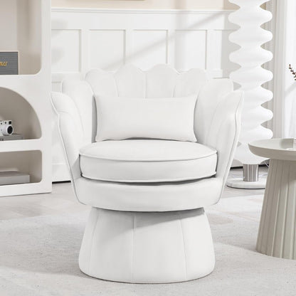 360° Swivel Accent Chair, Mid-Century Modern Velvet Barrel Chair, Comfy Shell Shape Arm Chair with Lumbar Pillow for Living Room, Bedroom, Office, White