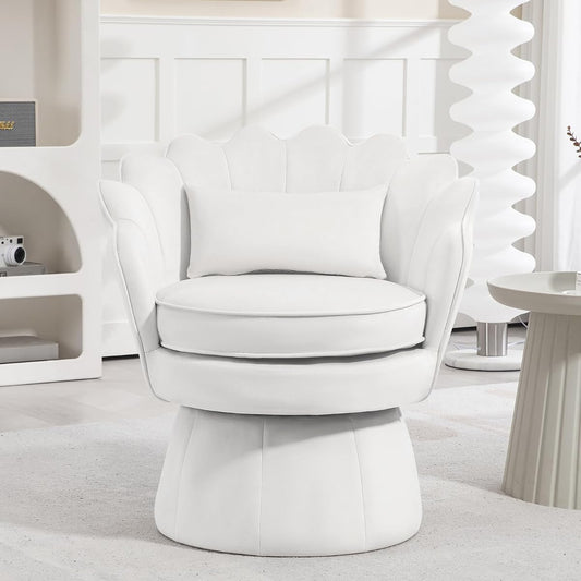 360° Swivel Accent Chair, Mid-Century Modern Velvet Barrel Chair, Comfy Shell Shape Arm Chair with Lumbar Pillow for Living Room, Bedroom, Office, White