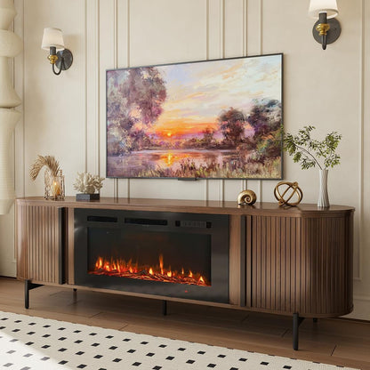 Luxury Fluted TV Stand with Fireplace, 70 inch, Brown