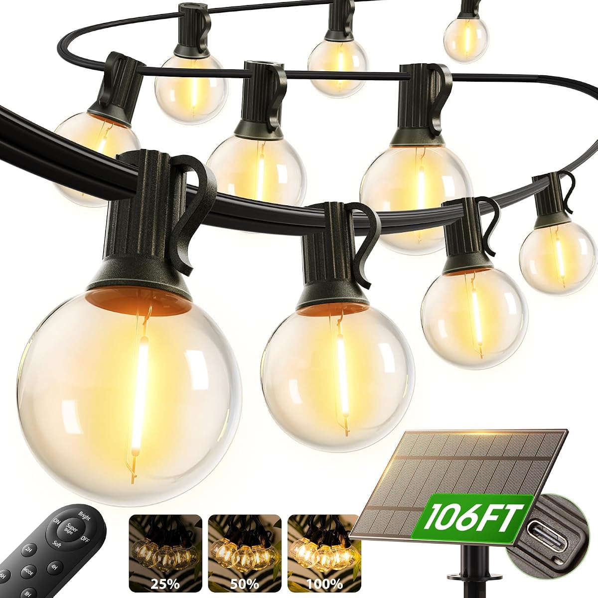 100FT Solar String Lights Outdoor with Remote, 54 LED Shatterproof Bulbs