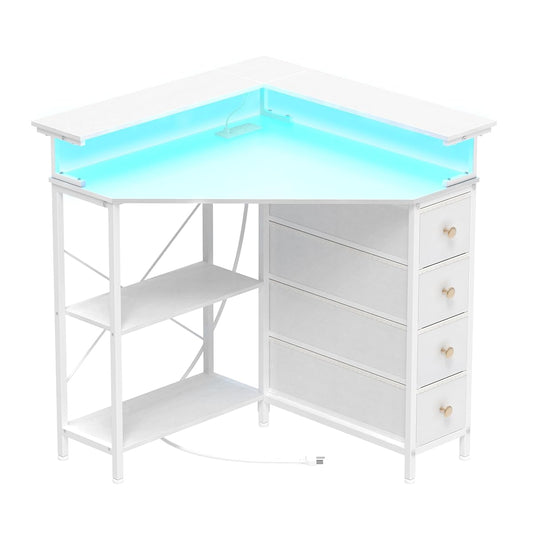 Corner Desk with Drawers Shelves for Small Space 90 Degrees Triangle Computer Desk with Power Outlets,Gaming Desk with LED Lights Monitor Stand for Home Office Workstation Writing Table (White)