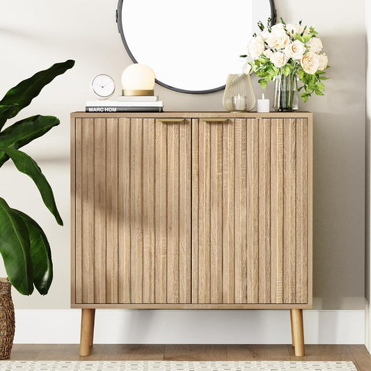 Fluted Storage Cabinet, Free Standing Buffet, Wood Sideboard