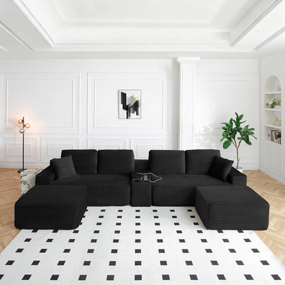 150 Inch Modular Sectional Sofa Couch, Oversized Modern Cloud Couch for Living Room, U Shape Couches with 2 Ottomans, USB Ports and Cup Holders, Black Corduroy Boneless Sofas, Sofa in a Box