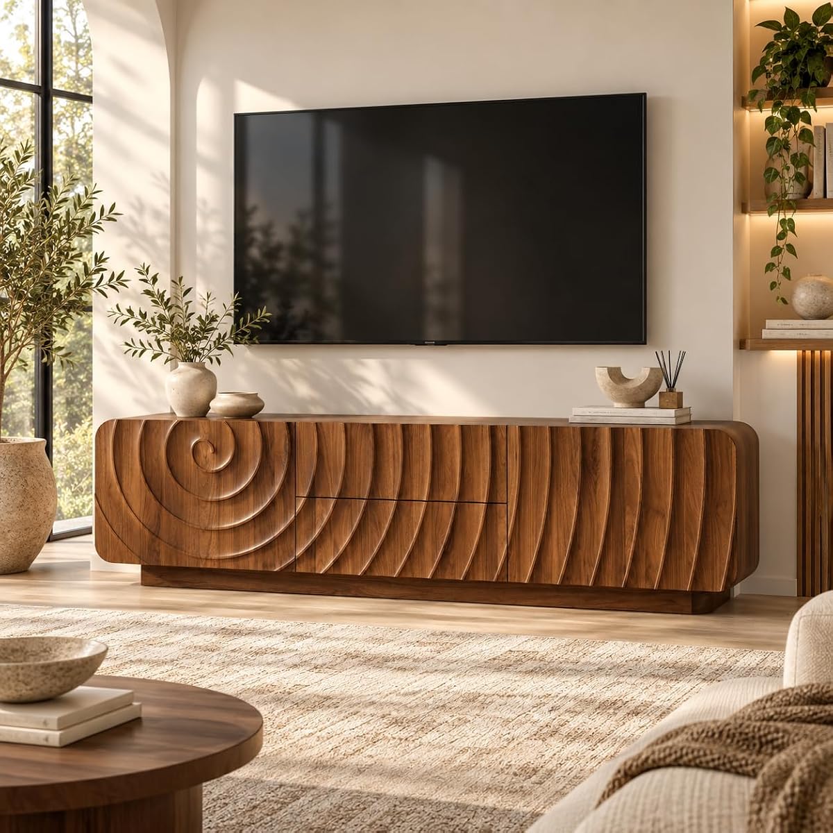58" TV Console, Spiral Wave Design, 2 Drawers, Media Storage, Walnut