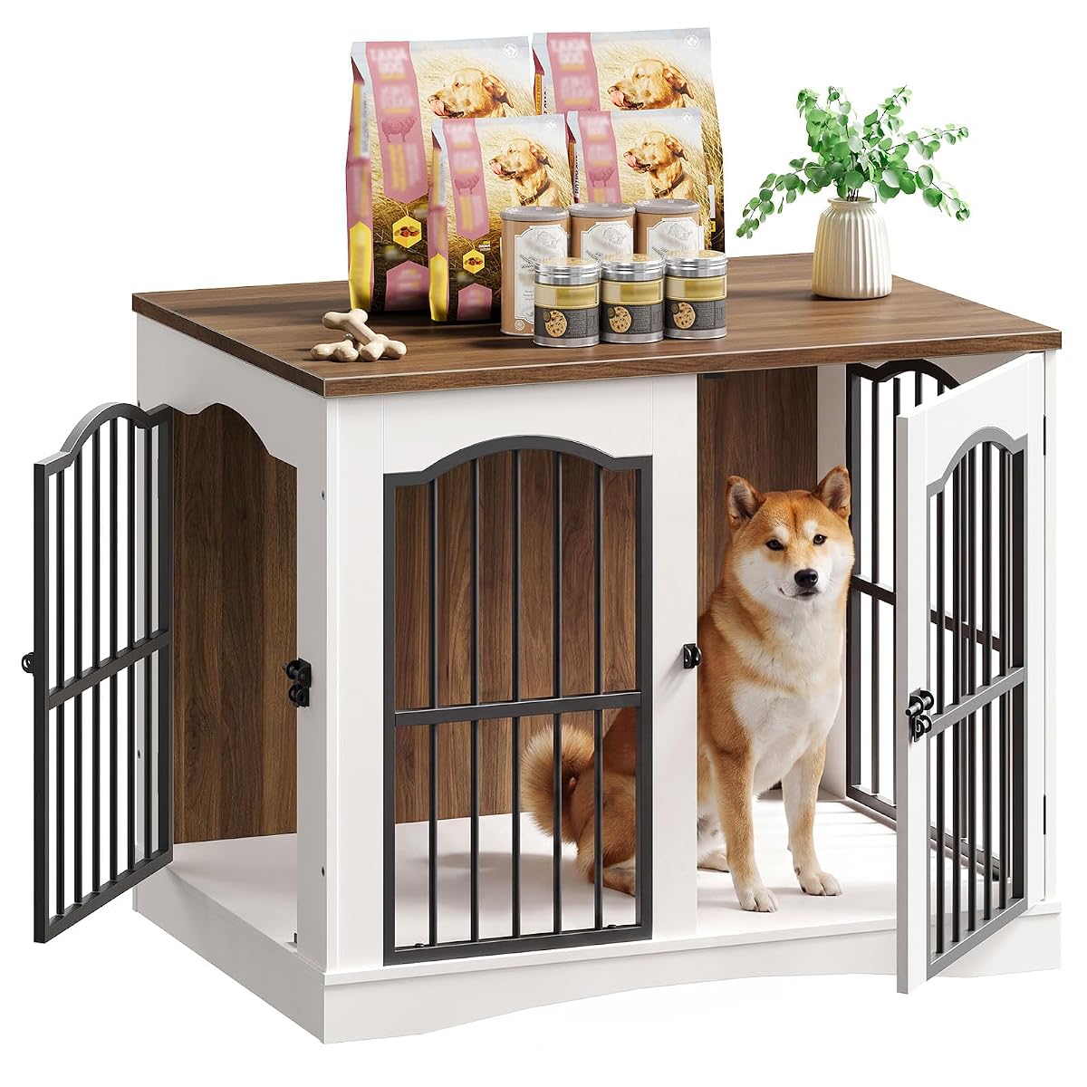 31.5" Wooden Dog Crate Furniture, Heavy Duty Dog Kennel Indoor with 3 Doors
