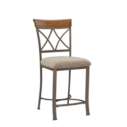 Powell Hamilton Metal 24.5 Inch Seat Height Counter Stool with Beige Upholstered Seat and Cherry Wood Accented Back