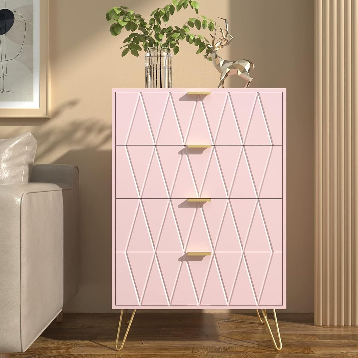 Pink 4 Drawer Dresser, Drawer Chest, Tall Storage Dresser Cabinet Organizer Unit with Metal Legs for Bedroom, Living Room, Closet