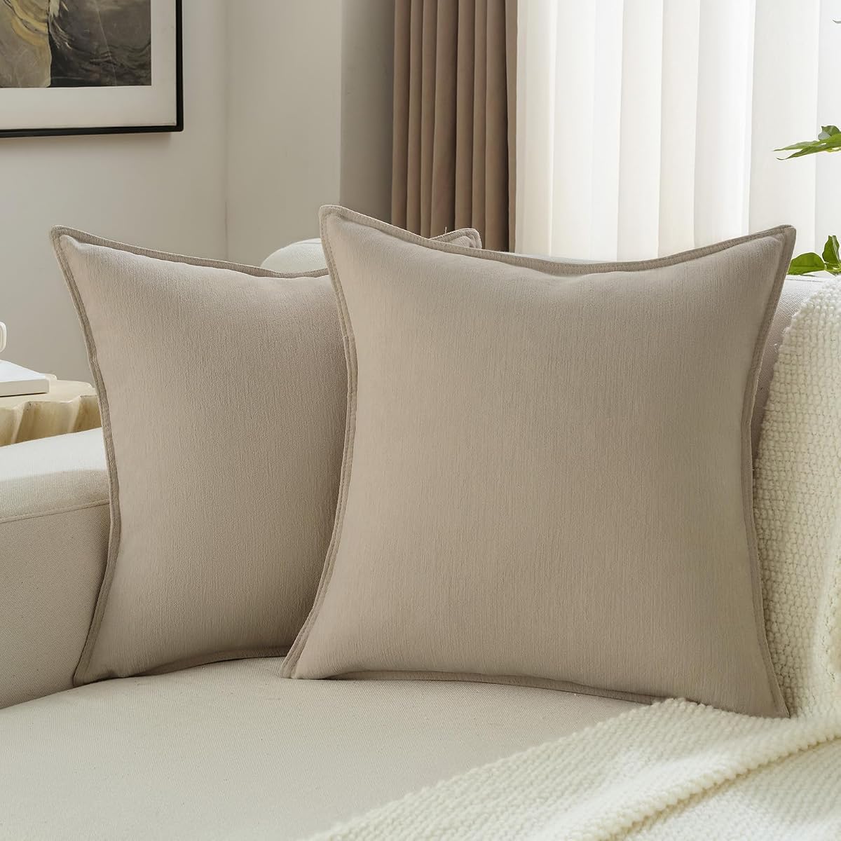 Pack of 2 Solid Chenille Throw Pillow Covers 24x24 Inch Soft Edge Decorative European Cushion Cases Farmhouse Accent for Couch Bed Living Room, Oatmeal