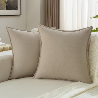 Pack of 2 Solid Chenille Throw Pillow Covers 24x24 Inch Soft Edge Decorative European Cushion Cases Farmhouse Accent for Couch Bed Living Room, Oatmeal