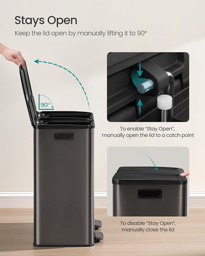 Trash Can, 2 X 8 Gallon (2 X 30 L) Dual-Compartment Garbage Can with Soft-Close Lid, Pedal and Inner Buckets, Stainless Steel, Includes 15 Liner Bags, Slate Gray ULTB741G01