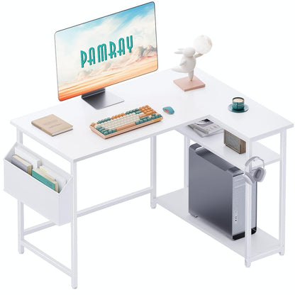 40 Inch L Shaped Computer Desk with Reversible Side Storage Shelves