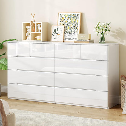 10 Drawer Dresser for Bedroom, 55" Long High Gloss Dresser, White