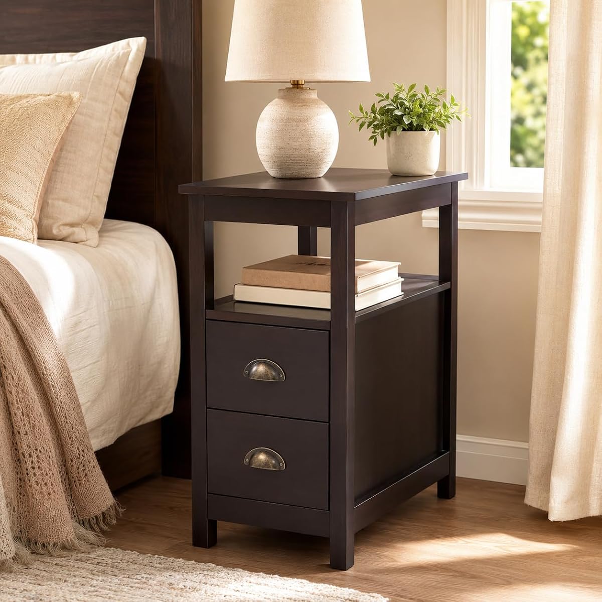 Side Table Living Room Narrow Rustic End Table Bedroom with 2 Drawers and 1 Open Shelf for Small Space（Brown, 23.6" L x 11.8" W x 24’’H）