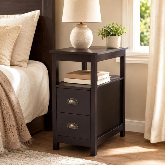Brown narrow rustic end table with 2 drawers and shelf