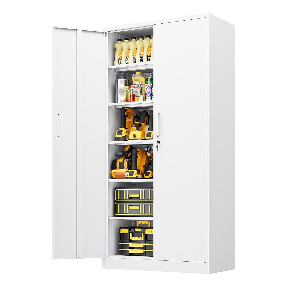 Metal Storage Cabinet with Lock,Tall White File Cabinet with 2 Doors and 5 Adjustable Shelves,Steel Storage Cabinets for Garage,Home Office,Pantry,School,Hospital