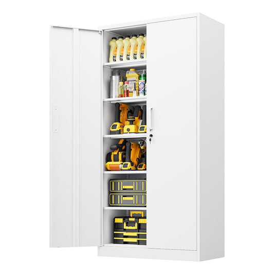 Metal Storage Cabinet with Lock,Tall White File Cabinet with 2 Doors and 5 Adjustable Shelves,Steel Storage Cabinets for Garage,Home Office,Pantry,School,Hospital