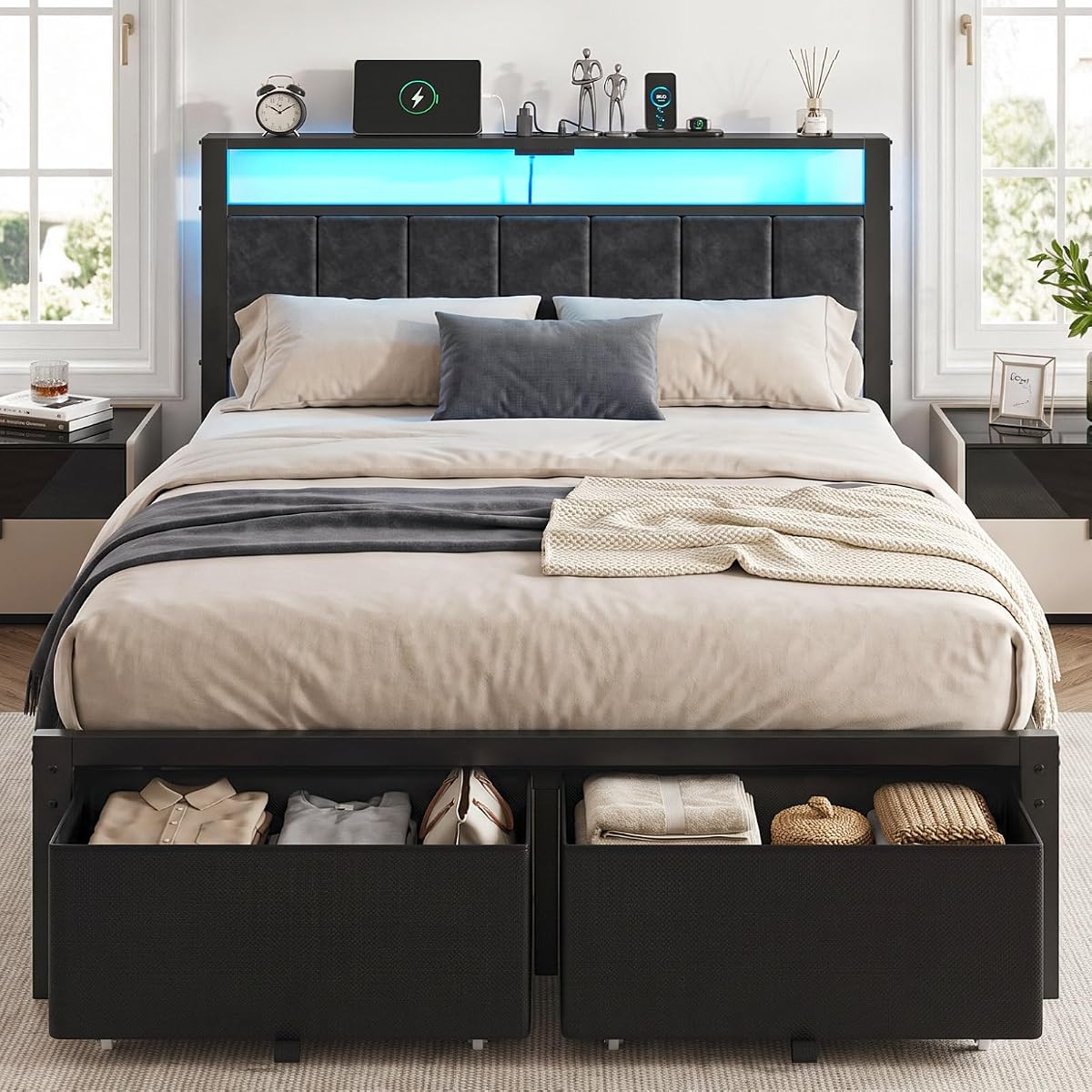Full Size Bed Frame with Upholstered Headboard and 2 Storage Drawers