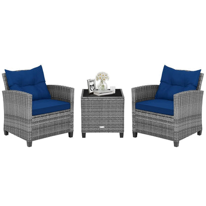 3 Pieces Patio Conversation Set, Outdoor Furniture Set PE Rattan Sofa Set with Removable Cushions, PE Wicker Chairs with Tempered Glass Side Table for Porch Lawn Garden Balcony Backyard