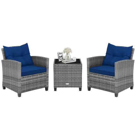 3 Pieces Patio Conversation Set, Outdoor Furniture Set PE Rattan Sofa Set with Removable Cushions, PE Wicker Chairs with Tempered Glass Side Table for Porch Lawn Garden Balcony Backyard