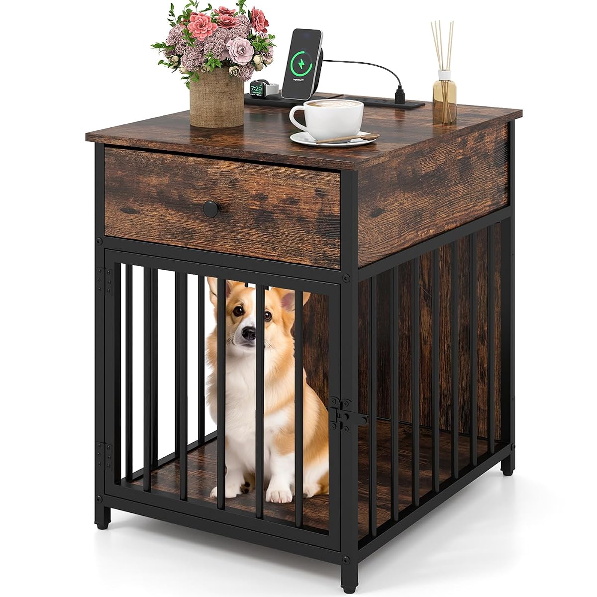 Dog Crate End Table with Charging Station