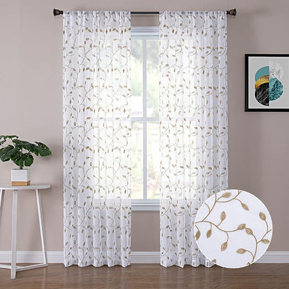 Tollpiz Leaves Sheer Curtain Taupe Leaf Embroidery Bedroom Curtains Rod Pocket Voile Faux Linen Embroidered Leaves Curtain for Living Room, 54 x 84 inches Long, Set of 2 Panels
