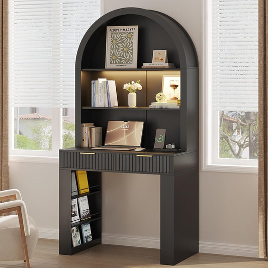 Arched Writing Desk with Hutch, Home Office Desk with 2 Drawers, Secretary Desk with Outlets, 3 Color LED Lights, Open Shelves, Computer Desk for Small Space, Bedroom 35.4" W x 70.8" H (Black)